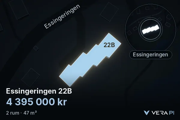 VERA PI:s bild av Essingeringen 22B: huset i 3D, upplyst i blått, och kartan runt omkring