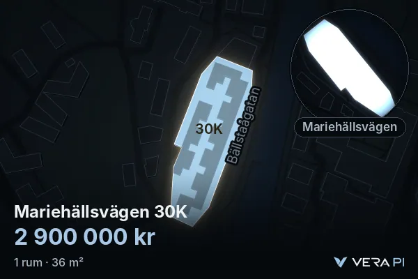 VERA PI:s bild av Mariehällsvägen 30K: huset i 3D, upplyst i blått, och kartan runt omkring