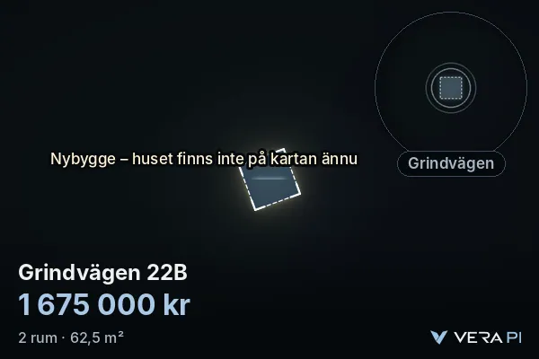 VERA PI's image of Grindvägen 22B: the building in 3D, lit in blue, and the map around it