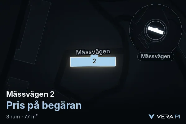 VERA PI's image of Mässvägen 2: the building in 3D, lit in blue, and the map around it