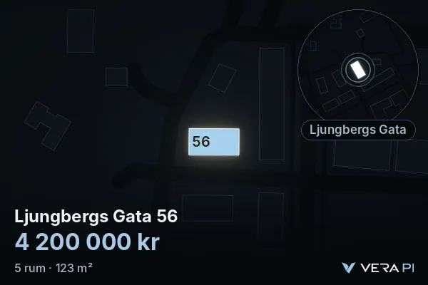 VERA PI's image of Ljungbergs Gata 56: the building in 3D, lit in blue, and the map around it