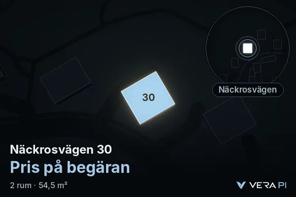VERA PI:s bild av Näckrosvägen 30: huset i 3D, upplyst i blått, och kartan runt omkring