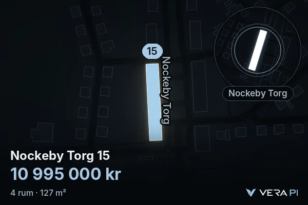 VERA PI:s bild av Nockeby Torg 15: huset i 3D, upplyst i blått, och kartan runt omkring