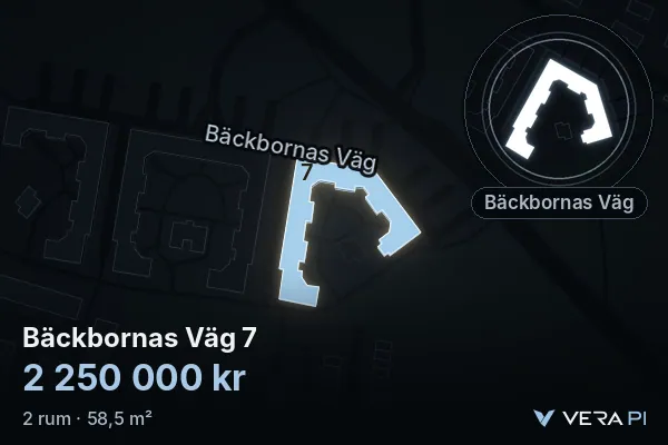 VERA PI:s bild av Bäckbornas Väg 7: huset i 3D, upplyst i blått, och kartan runt omkring