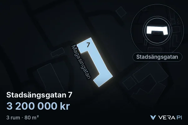 VERA PI's image of Stadsängsgatan 7: the building in 3D, lit in blue, and the map around it
