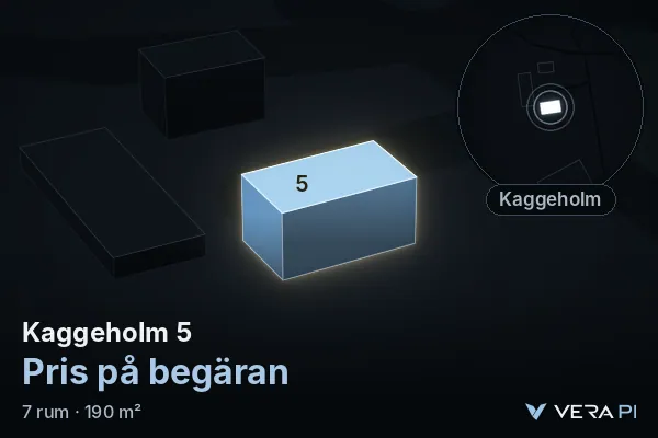 VERA PI:s bild av Kaggeholm 5: huset i 3D, upplyst i blått, och kartan runt omkring