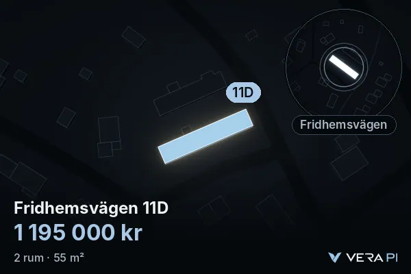 VERA PI's image of Fridhemsvägen 11D: the building in 3D, lit in blue, and the map around it