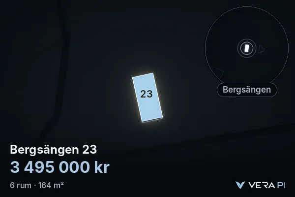 VERA PI's image of Bergsängen 23: the building in 3D, lit in blue, and the map around it