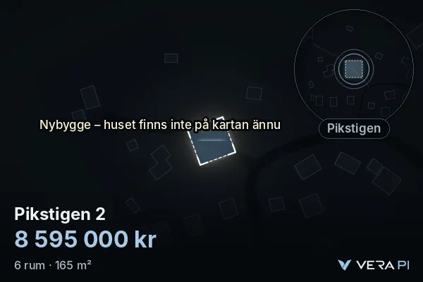 VERA PI:s bild av Pikstigen 2: huset i 3D, upplyst i blått, och kartan runt omkring