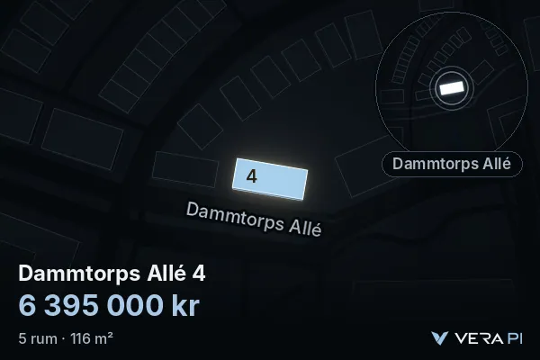 VERA PI's image of Dammtorps Allé 4: the building in 3D, lit in blue, and the map around it