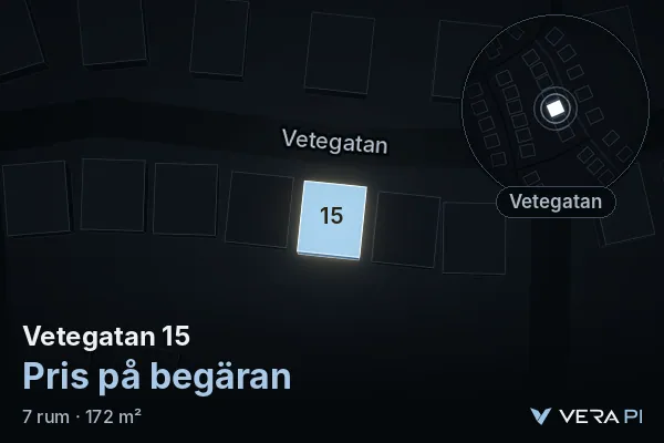 VERA PI:s bild av Vetegatan 15: huset i 3D, upplyst i blått, och kartan runt omkring