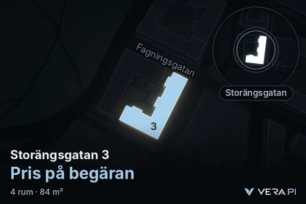 VERA PI's image of Storängsgatan 3: the building in 3D, lit in blue, and the map around it