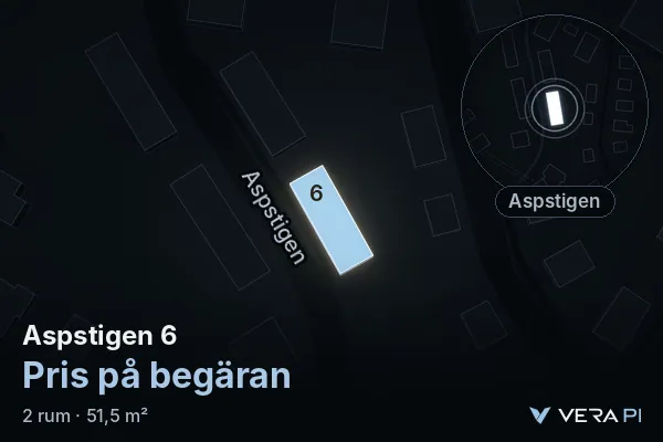 VERA PI:s bild av Aspstigen 6: huset i 3D, upplyst i blått, och kartan runt omkring