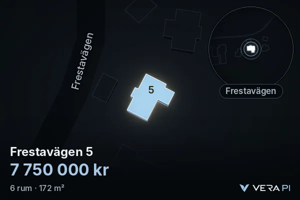 VERA PI:s bild av Frestavägen 5: huset i 3D, upplyst i blått, och kartan runt omkring