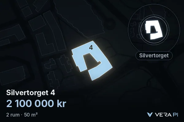 VERA PI's image of Silvertorget 4: the building in 3D, lit in blue, and the map around it
