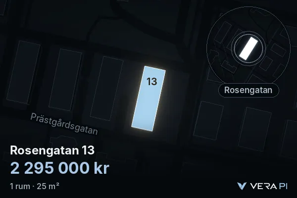VERA PI:s bild av Rosengatan 13: huset i 3D, upplyst i blått, och kartan runt omkring
