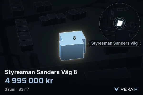 VERA PI:s bild av Styresman Sanders Väg 8: huset i 3D, upplyst i blått, och kartan runt omkring