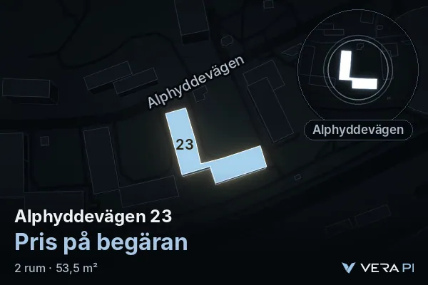 VERA PI:s bild av Alphyddevägen 23: huset i 3D, upplyst i blått, och kartan runt omkring