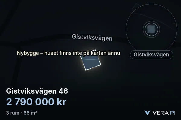 VERA PI:s bild av Gistviksvägen 46: huset i 3D, upplyst i blått, och kartan runt omkring