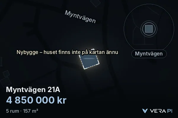 VERA PI:s bild av Myntvägen 21A: huset i 3D, upplyst i blått, och kartan runt omkring