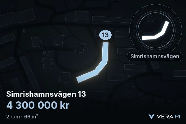 VERA PI:s bild av Simrishamnsvägen 13: huset i 3D, upplyst i blått, och kartan runt omkring