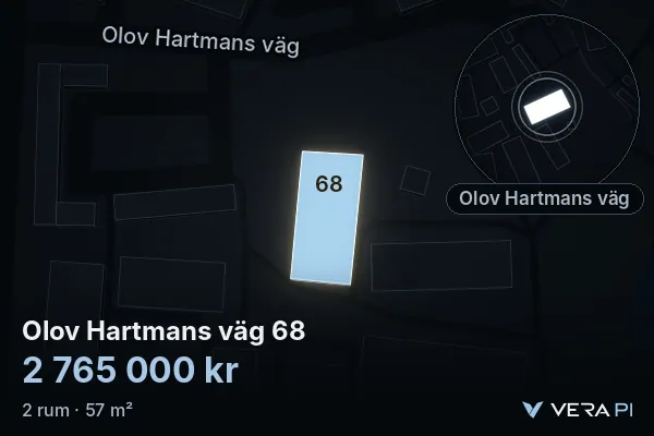 VERA PI's image of Olov Hartmans väg 68: the building in 3D, lit in blue, and the map around it