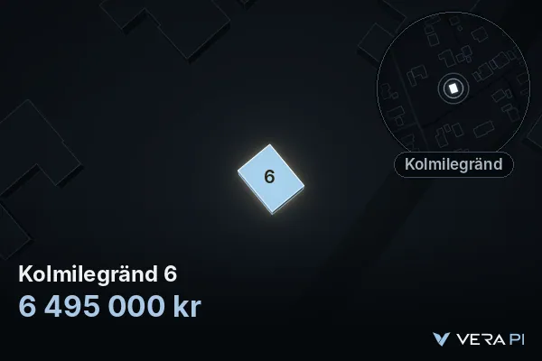 VERA PI:s bild av Kolmilegränd 6: huset i 3D, upplyst i blått, och kartan runt omkring