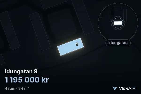 VERA PI:s bild av Idungatan 9: huset i 3D, upplyst i blått, och kartan runt omkring