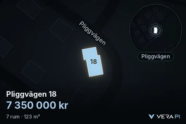 VERA PI:s bild av Pliggvägen 18: huset i 3D, upplyst i blått, och kartan runt omkring
