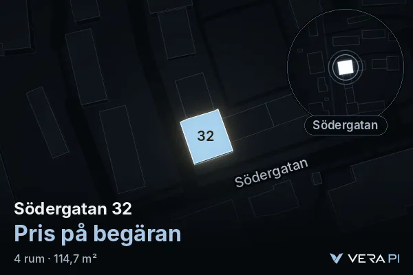 VERA PI's image of Södergatan 32: the building in 3D, lit in blue, and the map around it