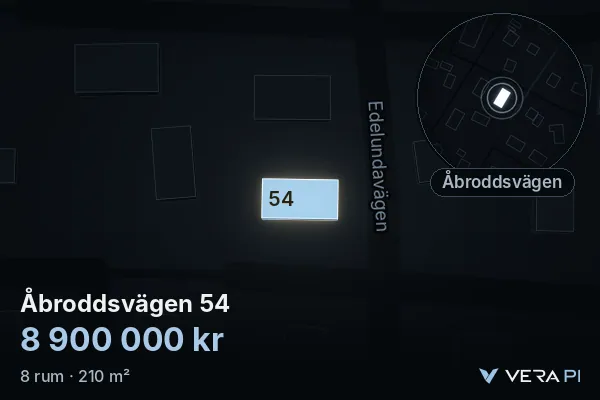 VERA PI:s bild av Åbroddsvägen 54: huset i 3D, upplyst i blått, och kartan runt omkring