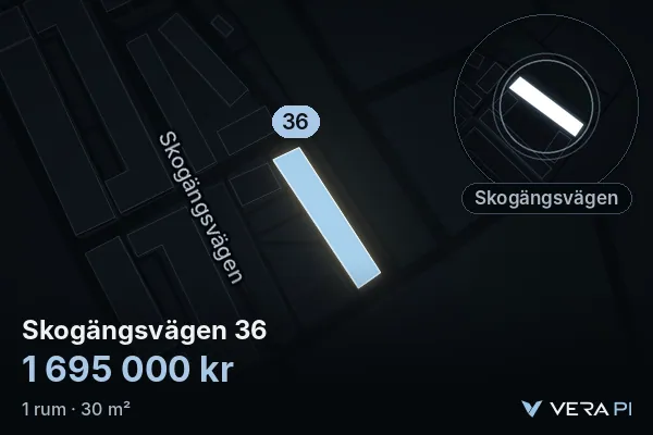 VERA PI:s bild av Skogängsvägen 36: huset i 3D, upplyst i blått, och kartan runt omkring