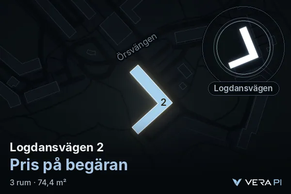 VERA PI:s bild av Logdansvägen 2: huset i 3D, upplyst i blått, och kartan runt omkring