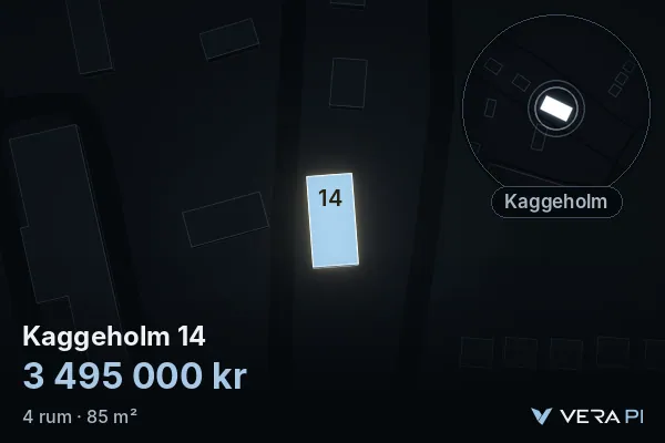 VERA PI:s bild av Kaggeholm 14: huset i 3D, upplyst i blått, och kartan runt omkring