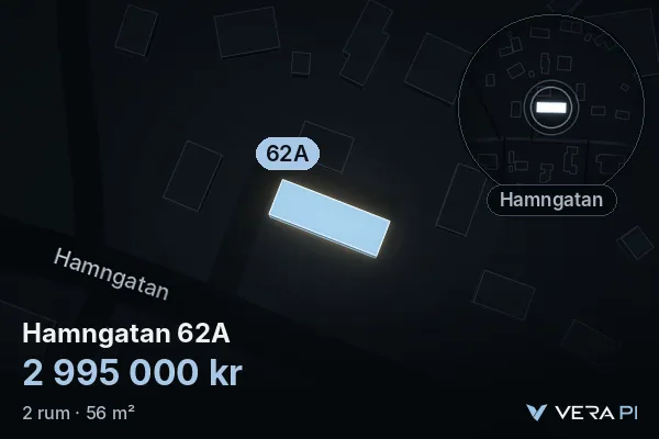 VERA PI's image of Hamngatan 62A: the building in 3D, lit in blue, and the map around it