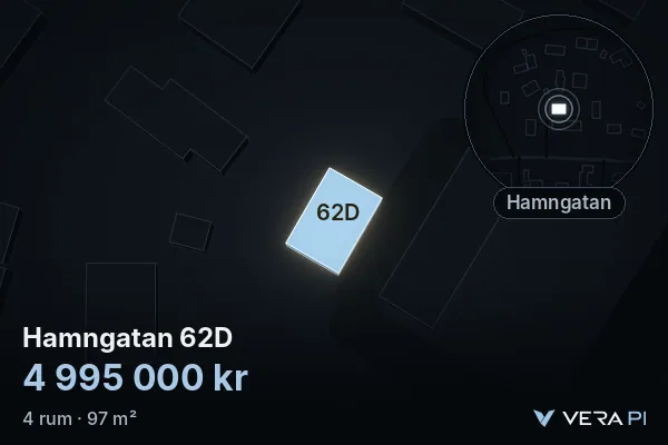 VERA PI's image of Hamngatan 62D: the building in 3D, lit in blue, and the map around it