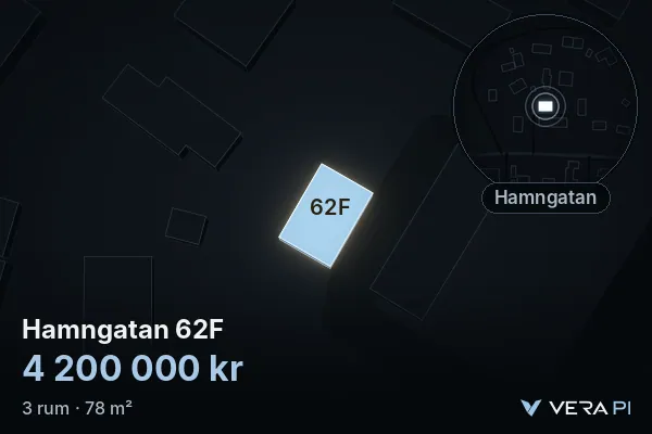 VERA PI's image of Hamngatan 62F: the building in 3D, lit in blue, and the map around it
