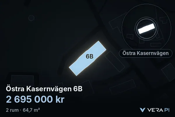 VERA PI's image of Östra Kasernvägen 6B: the building in 3D, lit in blue, and the map around it