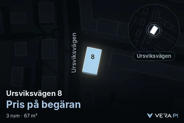 VERA PI:s bild av Ursviksvägen 8: huset i 3D, upplyst i blått, och kartan runt omkring