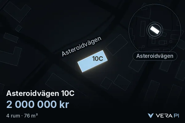 VERA PI's image of Asteroidvägen 10C: the building in 3D, lit in blue, and the map around it