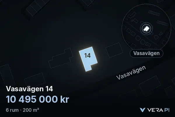 VERA PI's image of Vasavägen 14: the building in 3D, lit in blue, and the map around it