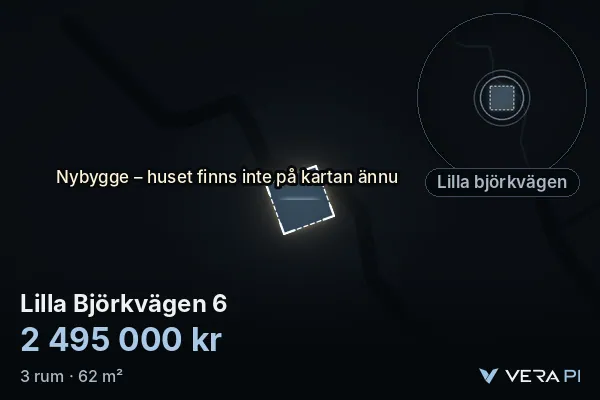 VERA PI:s bild av Lilla Björkvägen 6: huset i 3D, upplyst i blått, och kartan runt omkring