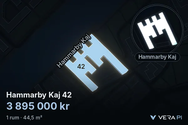 VERA PI:s bild av Hammarby Kaj 42: huset i 3D, upplyst i blått, och kartan runt omkring