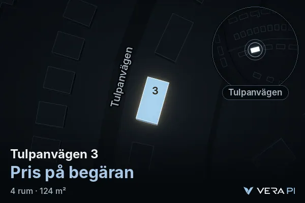 VERA PI's image of Tulpanvägen 3: the building in 3D, lit in blue, and the map around it