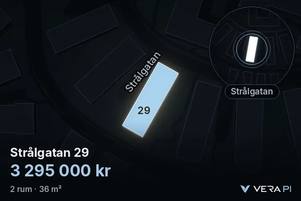 VERA PI:s bild av Strålgatan 29: huset i 3D, upplyst i blått, och kartan runt omkring