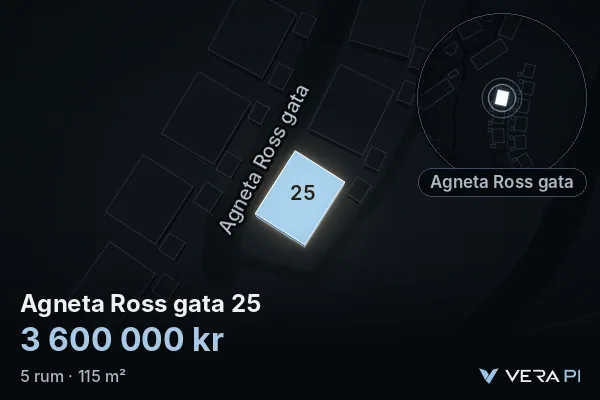 VERA PI:s bild av Agneta Ross gata 25: huset i 3D, upplyst i blått, och kartan runt omkring