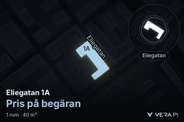 VERA PI:s bild av Eliegatan 1A: huset i 3D, upplyst i blått, och kartan runt omkring