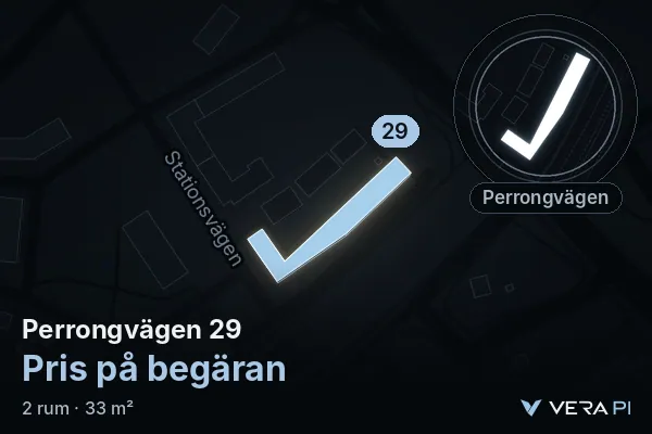 VERA PI's image of Perrongvägen 29: the building in 3D, lit in blue, and the map around it
