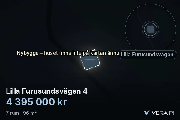 VERA PI:s bild av Lilla Furusundsvägen 4: huset i 3D, upplyst i blått, och kartan runt omkring