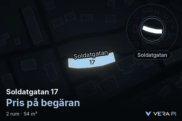 VERA PI's image of Soldatgatan 17: the building in 3D, lit in blue, and the map around it